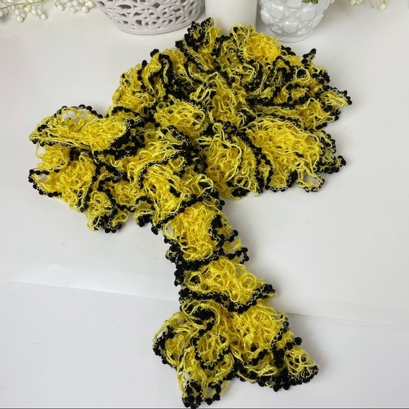 Ruffs & Pom-Poms Crocheted Yellow Black Scarf - Picture 6 of 10